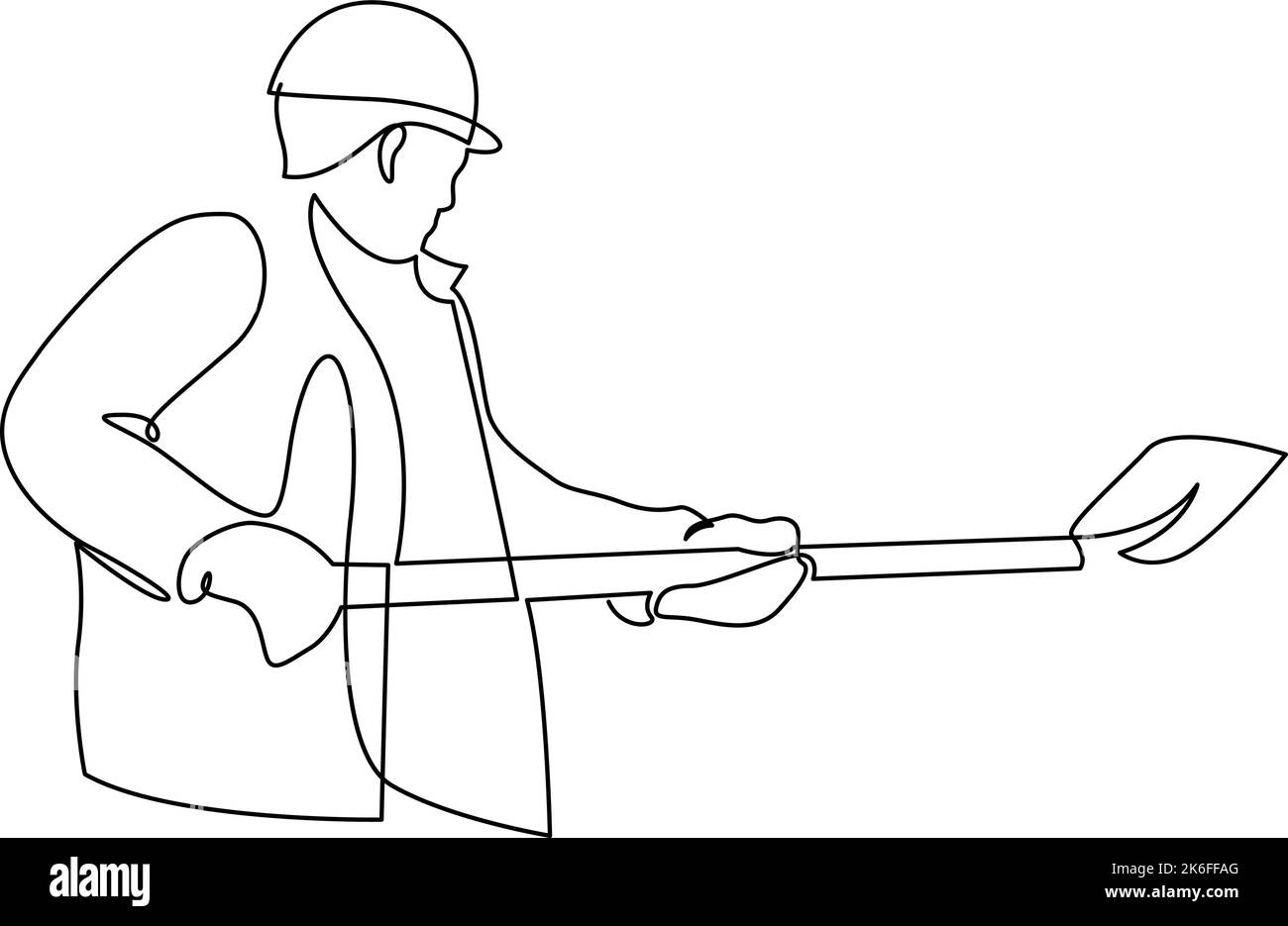 Employé avec un dessin de ligne continu de pelle. Symbole de l'outil de construction Illustration de Vecteur