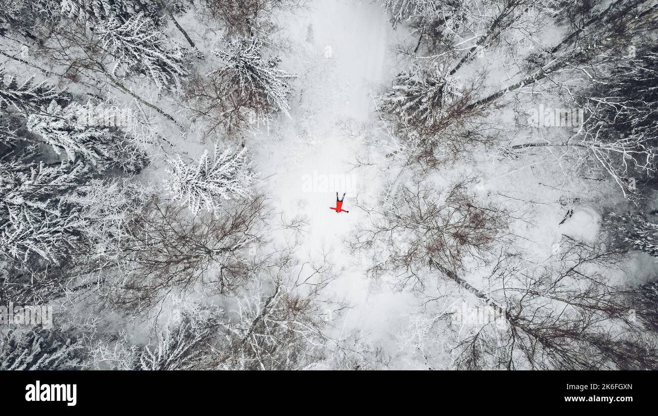 Hiver à Viimsi, Estonie, arbres de forêt prenant de haut en haut avec un drone Banque D'Images