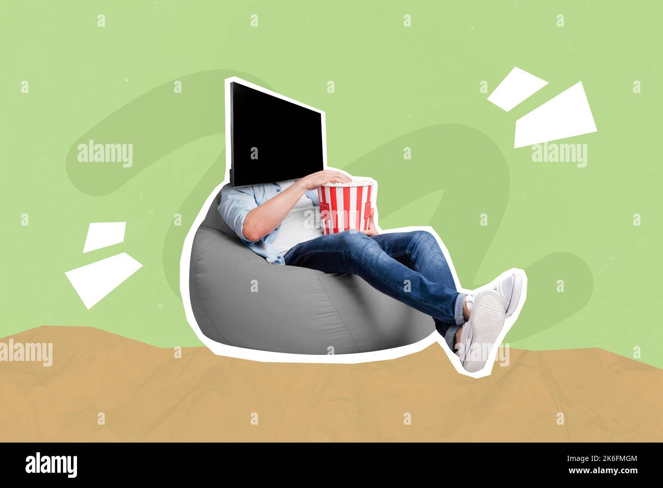 Collage 3D image de pinup pop rétro croquis de drôle Guy tv set au lieu de tête manger pop-maïs isolé toile de fond Banque D'Images