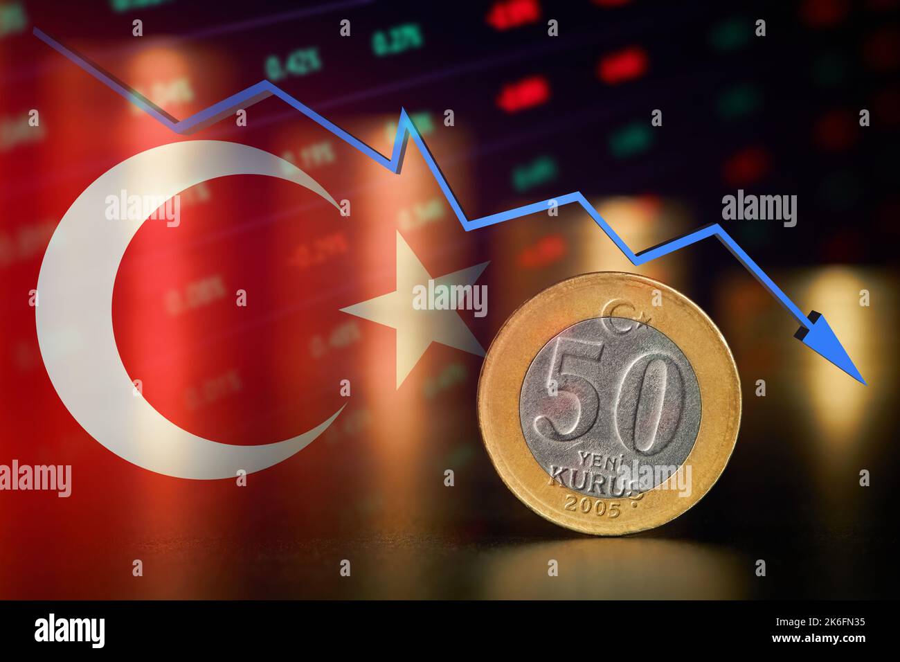 Pièce de Lira turque sur fond de piles de pièces et de baisse du graphique  boursier et drapeau turc Photo Stock - Alamy