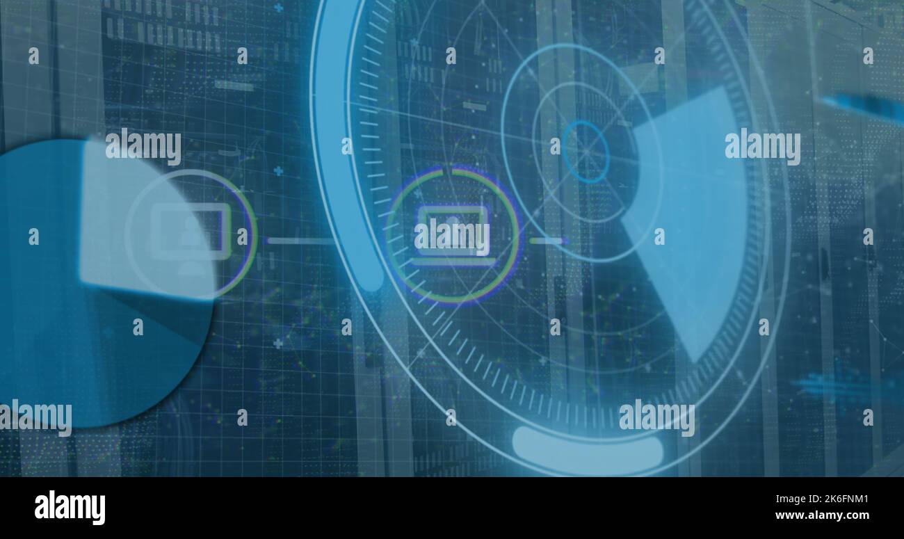 Image de l'acquisition de l'oscilloscope avec icônes et traitement des données dans la salle des serveurs Banque D'Images