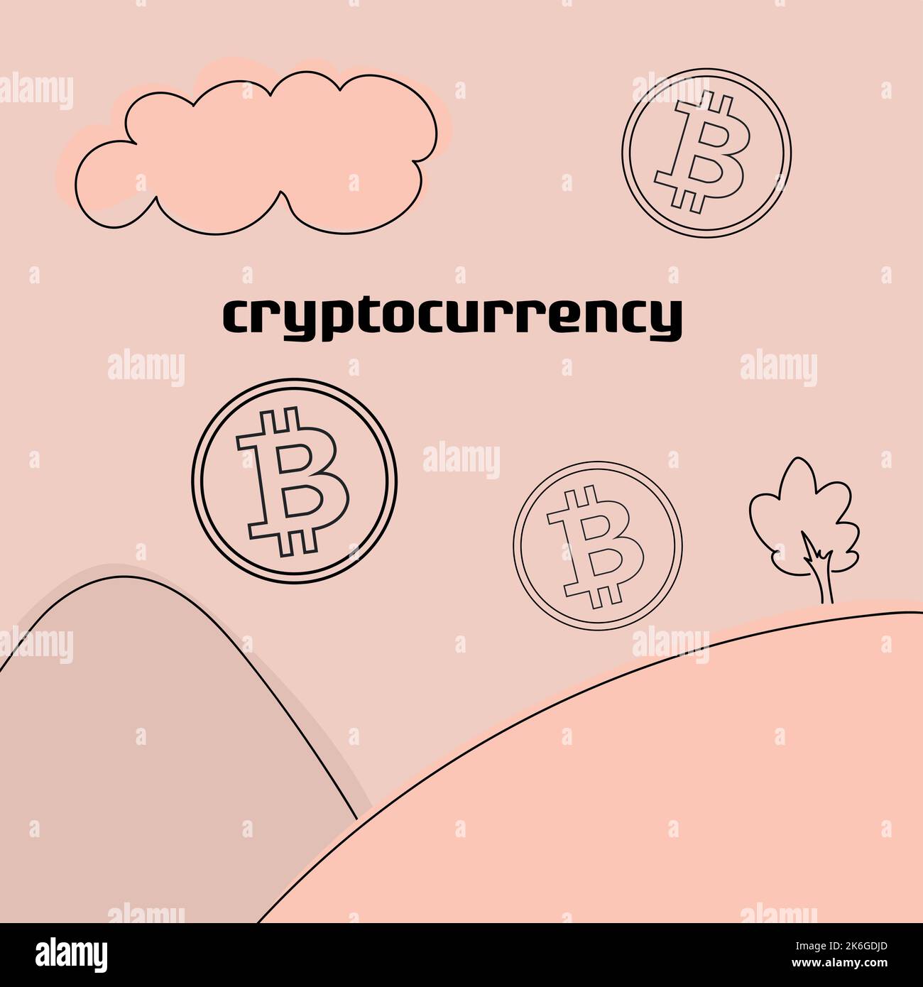 monde bitcoin, arbres collines pièces, fond rose Illustration de Vecteur