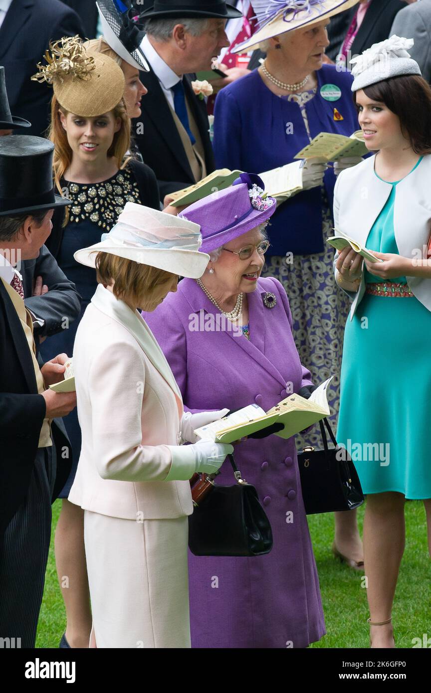 Ascot, Berkshire, Royaume-Uni. 20th juin 2013. Sa Majesté la Reine observe les chevaux dans l'anneau de Parade avant que son cheval ne gagne la coupe d'or Ascot. C'était un jour historique car c'était la première fois qu'un monarque régnant remportait la coupe d'or. L'estimation a été criée par le jockey Ryan Moore. La reine Elizabeth II était due à la présentation de la coupe d'or, mais son fils, le duc de York, l'a fait à la place. Date de publication : 14th octobre 2022. Crédit : Maureen McLean/Alay Banque D'Images