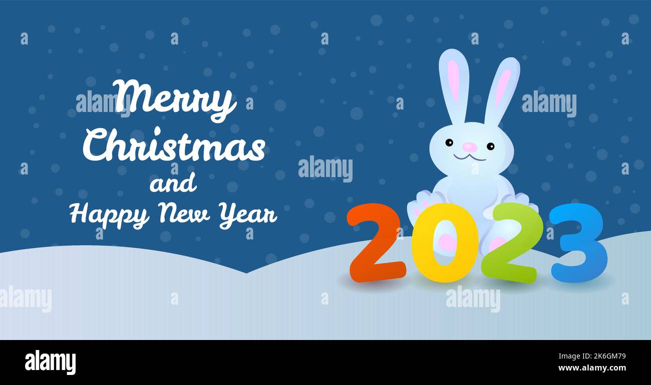 Joyeux Noël et bonne année 2023 carte de voeux avec lapin en style dessin animé. Illustration
