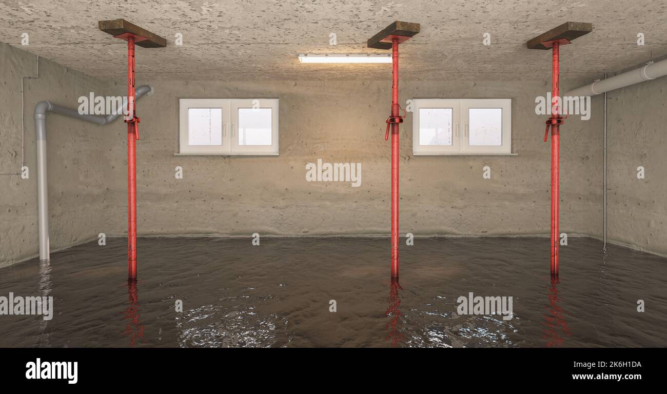Dégâts d'eau après inondation dans le sous-sol avec des supports de plafond Banque D'Images