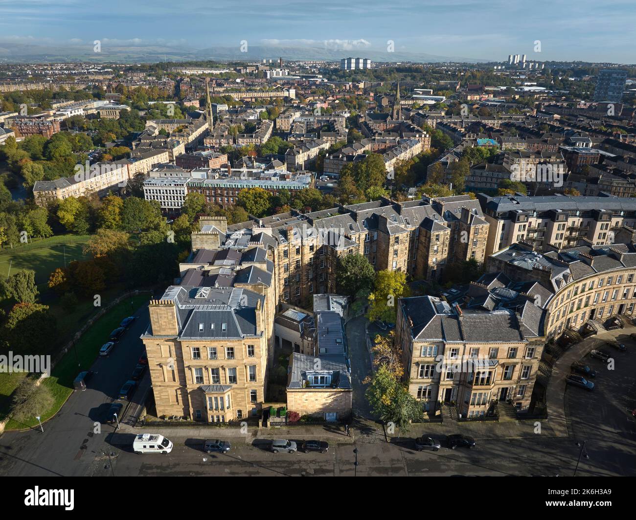 Vue aérienne de Park Circus et de Park Quadrant, l'un des quartiers résidentiels les plus prisés de Glasgow. Banque D'Images