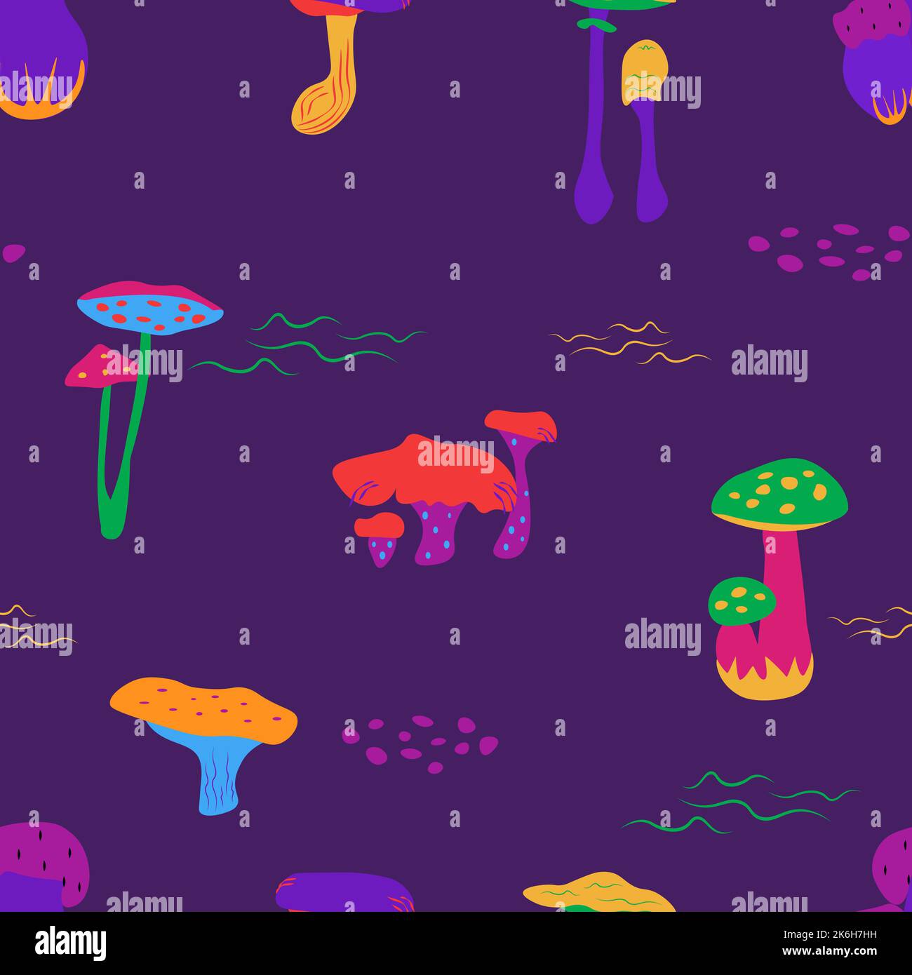 Motif sans couture avec différents champignons, couleurs psychédéliques vives sur fond violet. Fabriqué en vecteur. Idéal pour le textile, le tissu, l'emballage, pour les enfants Illustration de Vecteur