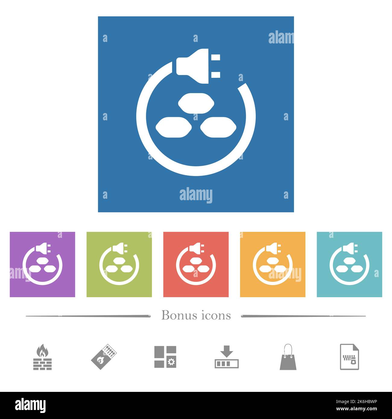 Icônes blanches plates de l'énergie du charbon sur fond carré. 6 icônes bonus incluses. Illustration de Vecteur