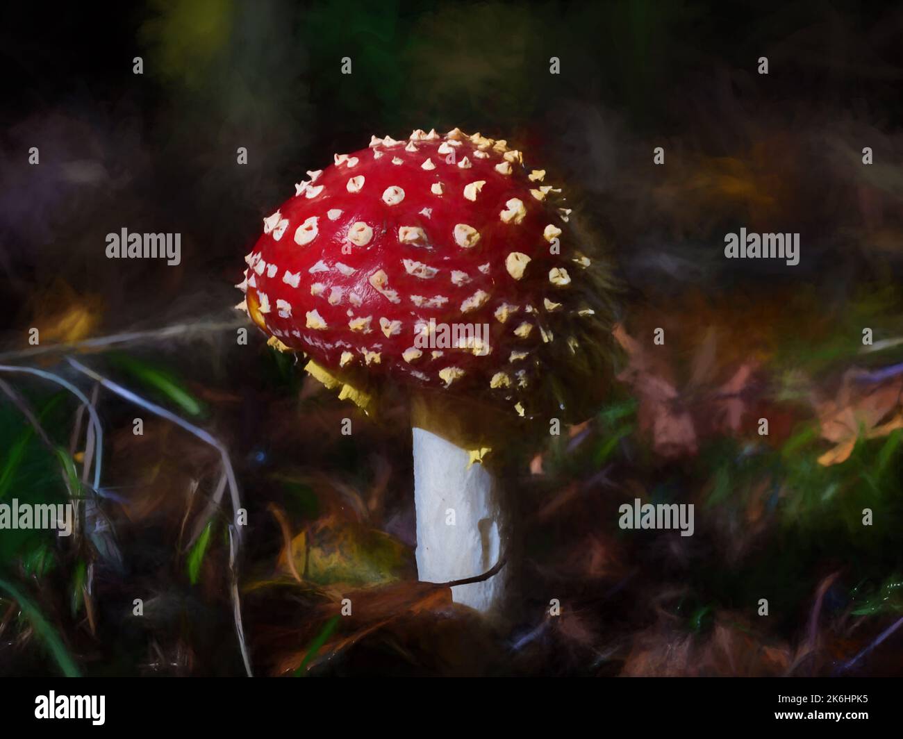 Peinture numérique abstraite à l'huile du champignon de la mouche agarique dans un cadre boisé d'automne. Banque D'Images