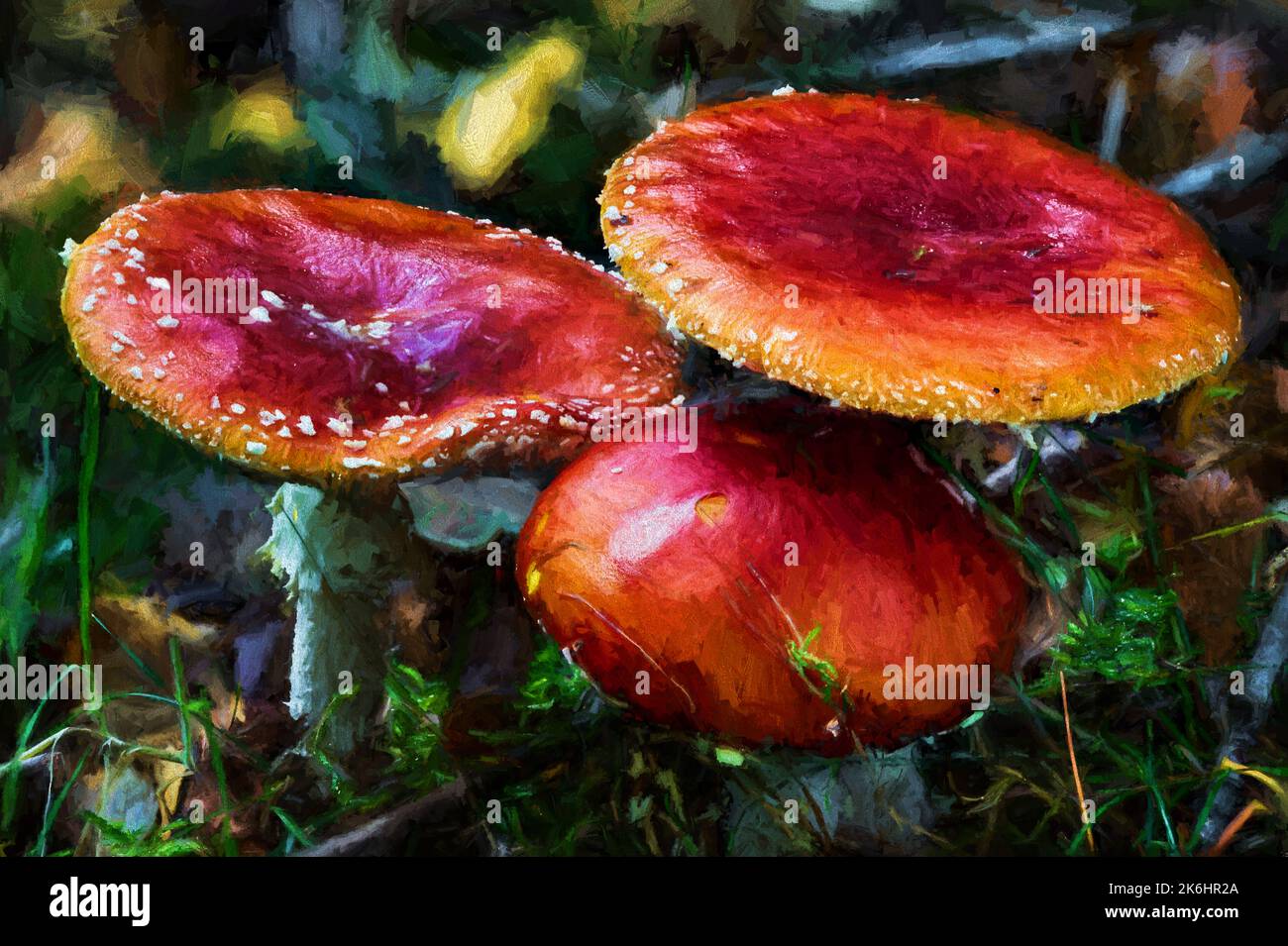 Peinture numérique abstraite à l'huile du champignon de la mouche agarique dans un cadre boisé d'automne. Banque D'Images