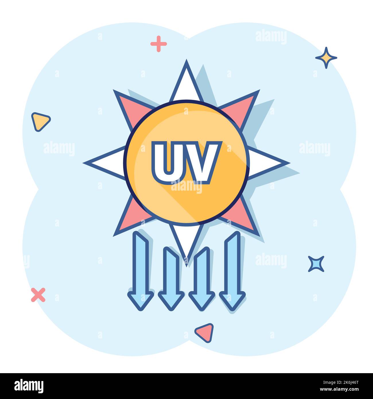 Icône UV rayonnement dans le style comique. Illustration vectorielle de dessin animé ultraviolet sur fond blanc isolé. Protection solaire effet éclaboussures entreprise conceps Illustration de Vecteur