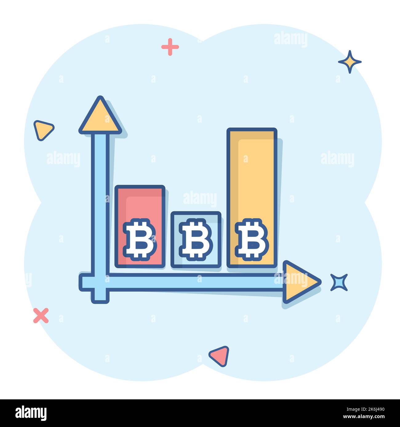 Icône de croissance bitcoin dans le style comique. Illustration vectorielle de la bande dessinée Blockchain sur fond blanc isolé. Concept commercial Cryptocurrency Splash Effect Illustration de Vecteur