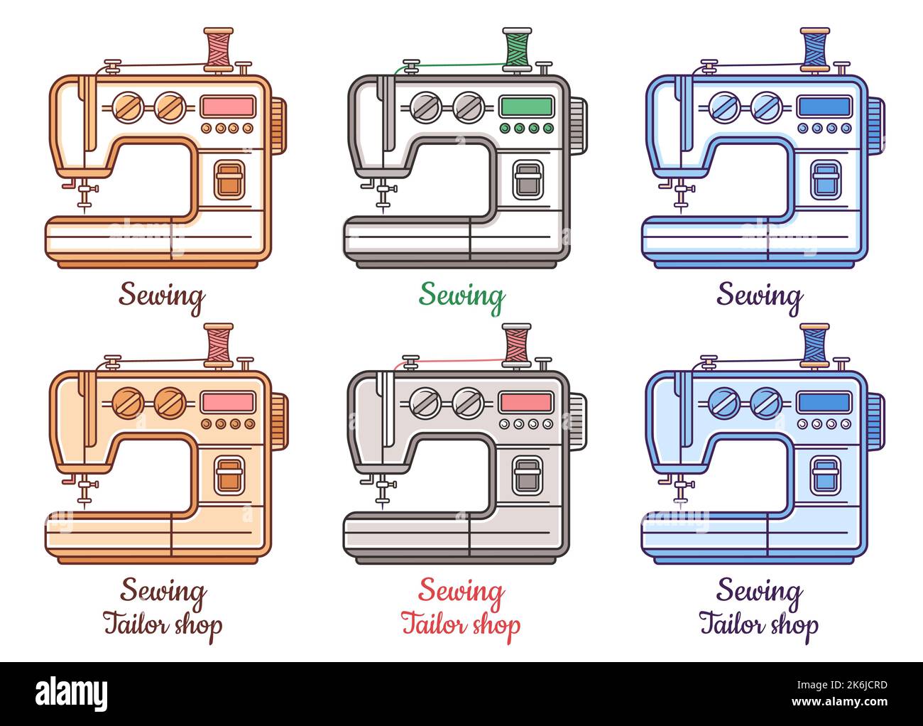 Machine à coudre électrique, tailleur, coudre, réparer ensemble d'icônes de vêtements. Équipement de confection, broderie textile. Atelier, design de vêtements de mode. Vecteur Illustration de Vecteur