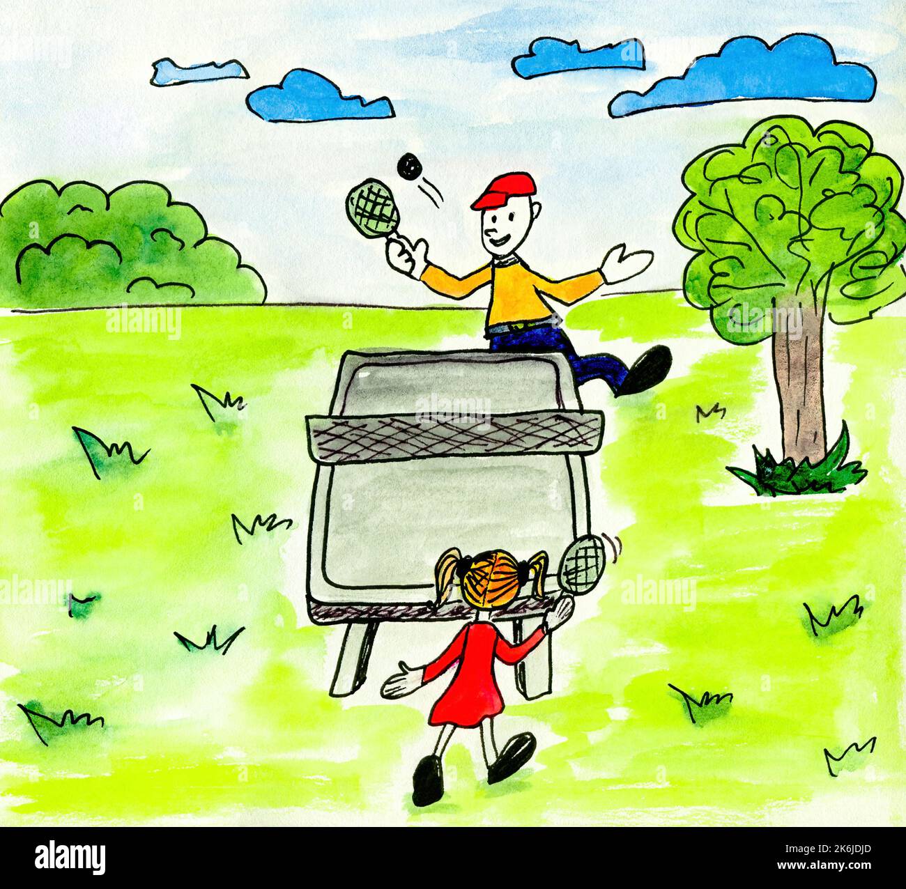 Illustration aquarelle d'un match de ping-pong sur la nature Banque D'Images