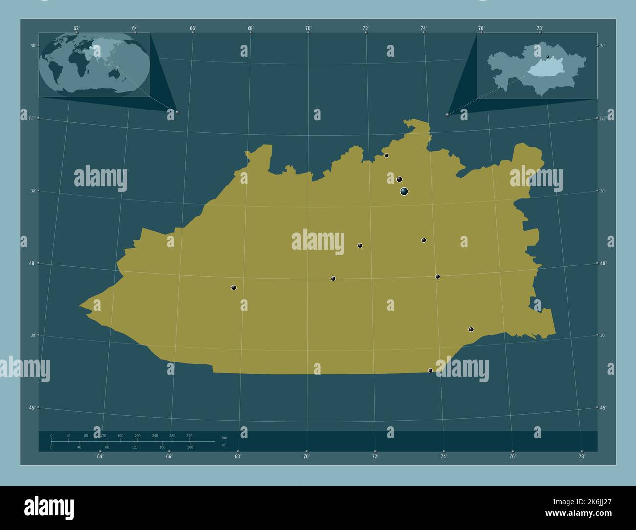 QaragHandy, région du Kazakhstan. Forme de couleur unie. Lieux des principales villes de la région. Cartes d'emplacement auxiliaire d'angle Banque D'Images