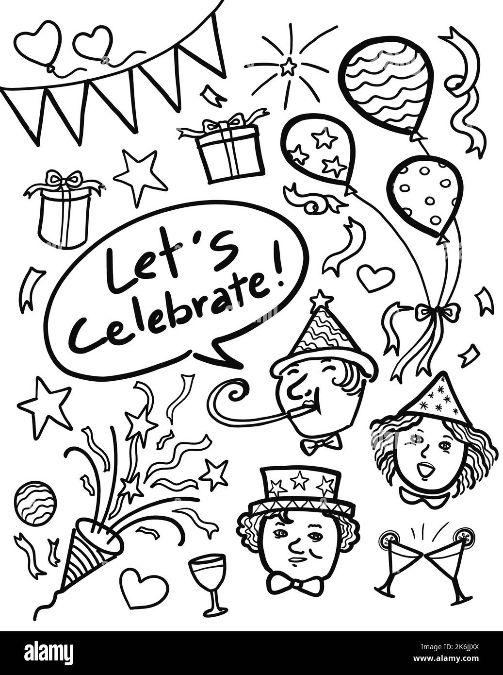 Illustration dessin en noir et blanc de la diversité groupe de jeunes célèbrent la fête du nouvel an. Concept de célébration d'anniversaire heureux. Banque D'Images