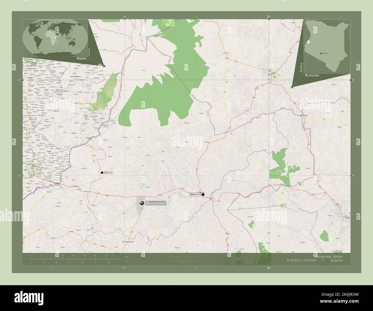 Bungoma, comté du Kenya. Ouvrez la carte des rues. Lieux et noms des