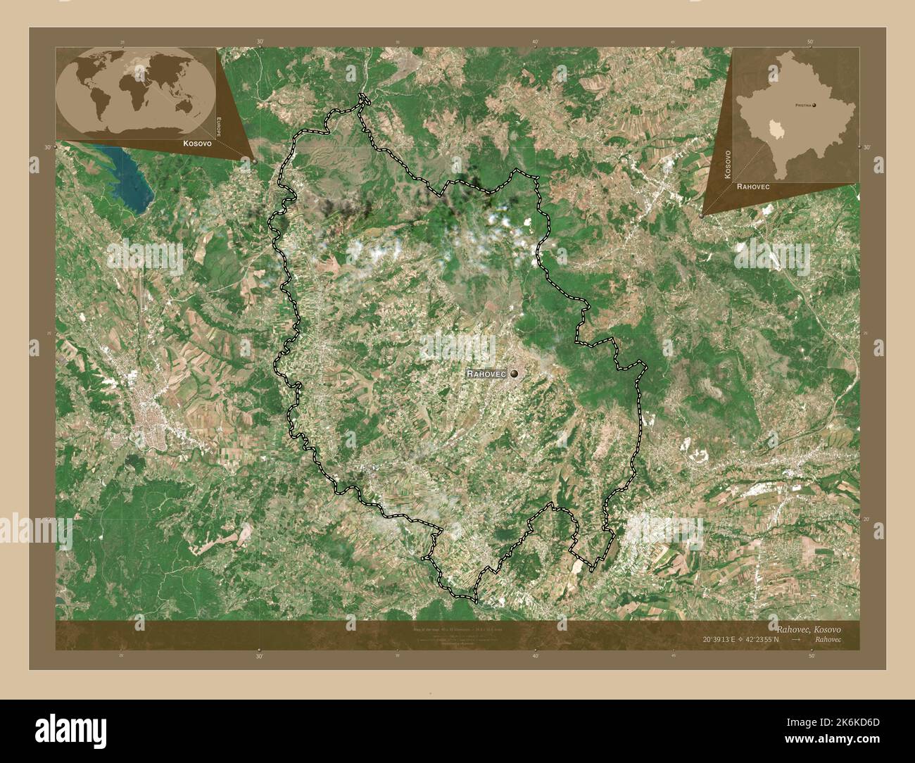 Rahovec, municipalité du Kosovo. Carte satellite basse résolution ...