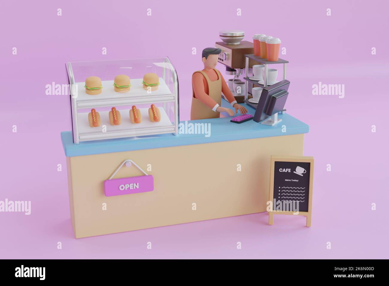 3D Illustration du succès propriétaire petite entreprise fast food et café-restaurant. Bannière café avec 3D tasses de café réalistes sur plate-forme. 3d renderin Banque D'Images