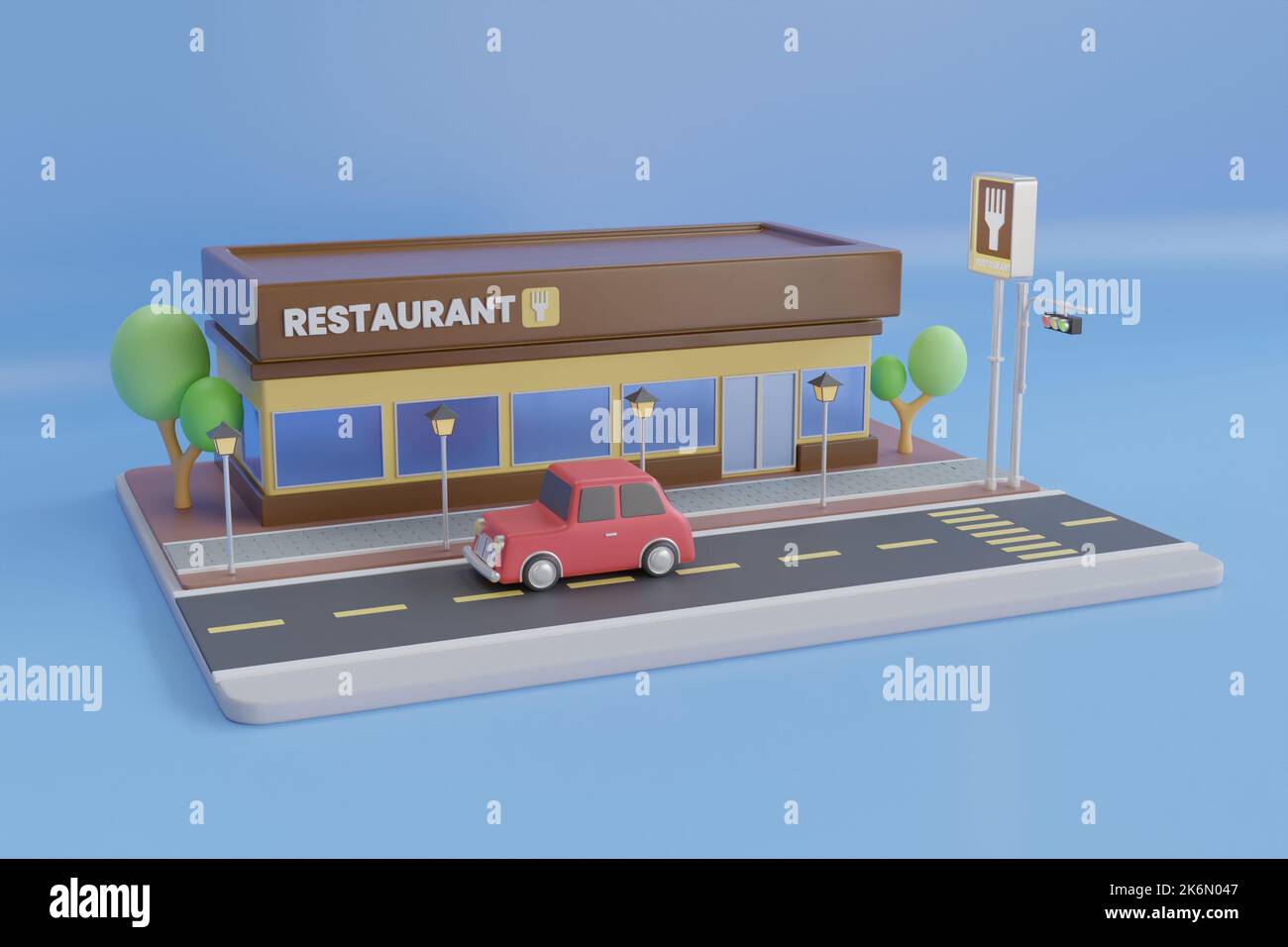 3D illustration du restaurant. 3D restitution d'un restaurant de restauration rapide sur fond bleu. 3d rendu Banque D'Images