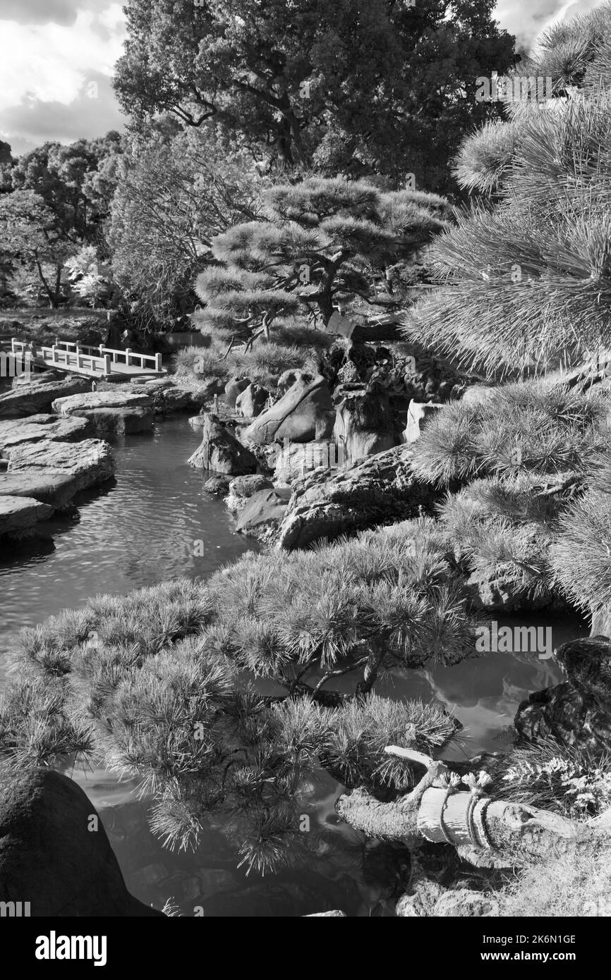 Chemin de jardin à Kiyosumi Gardens à Tokyo, Japon B & W. Banque D'Images