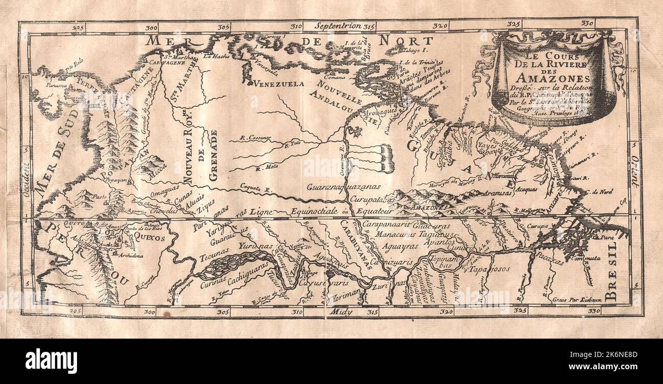 Carte vintage de l'Amazone en Amérique du Sud par le cartographe français Nicolas Sanson ca 1680 basé sur le compte de Christopher d'Acugna. Banque D'Images