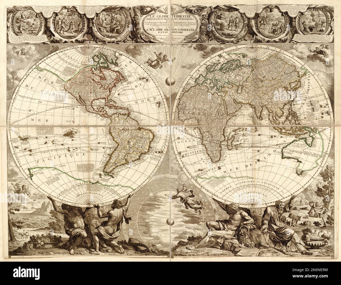 Carte du monde illustrée en français vintage ca. 1708, la projection de la carte a deux hémisphères, et les décors décrivent l'histoire d'Adam et Eve du livre de la Genèse dans la Bible Banque D'Images