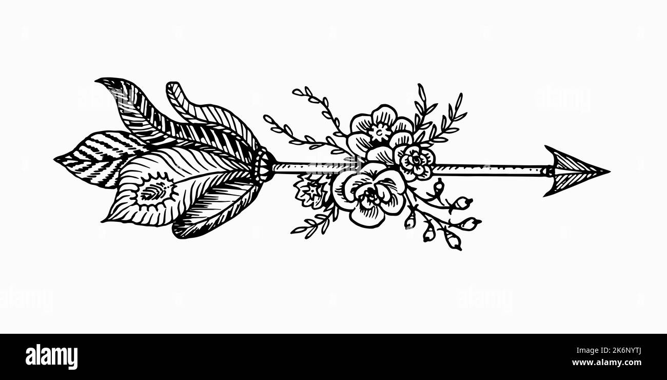 Flèche avec des fleurs, brindilles avec des feuilles, plumes, simple dessin de caniche, style de gravure Banque D'Images