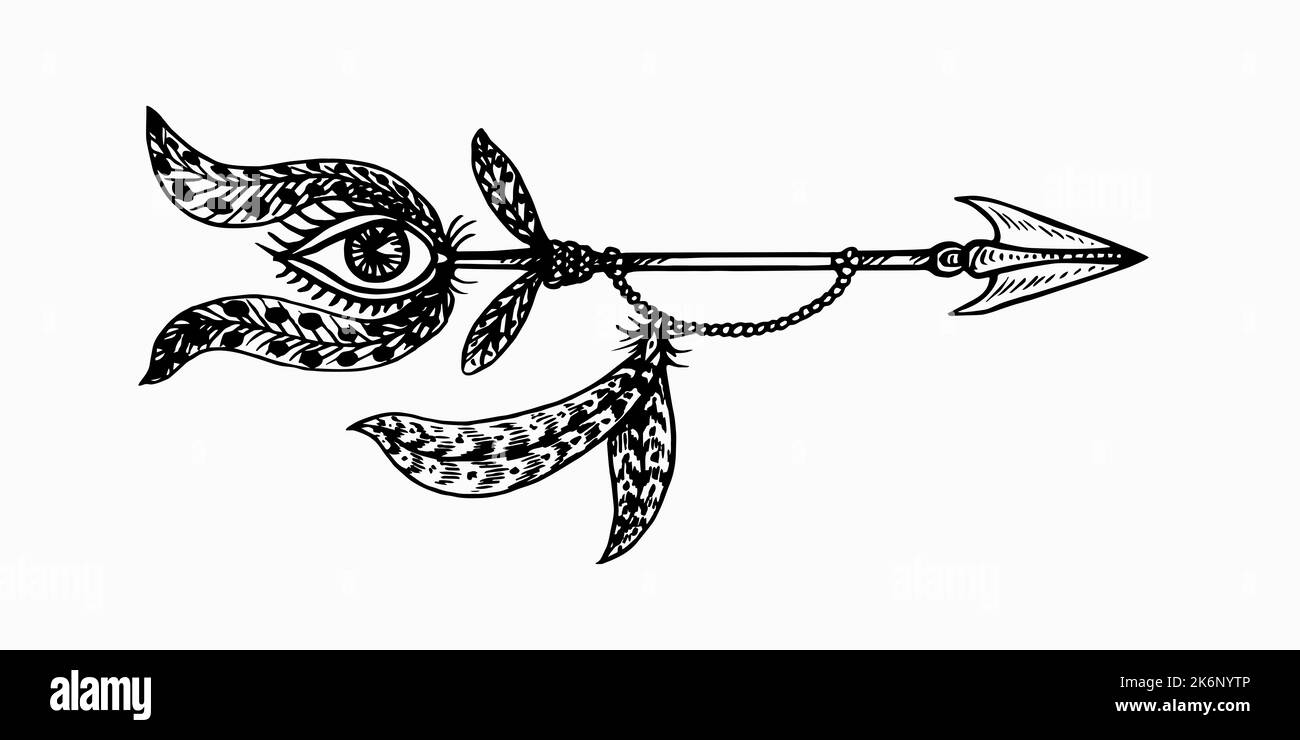 Flèche avec oeil et plumes, dessin simple de caniche, style de gravure Banque D'Images