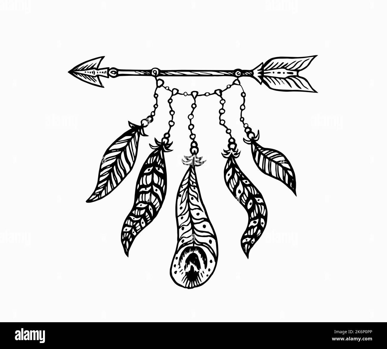 Flèche avec plumes, simple dessin de caniche, style de gravure Banque D'Images