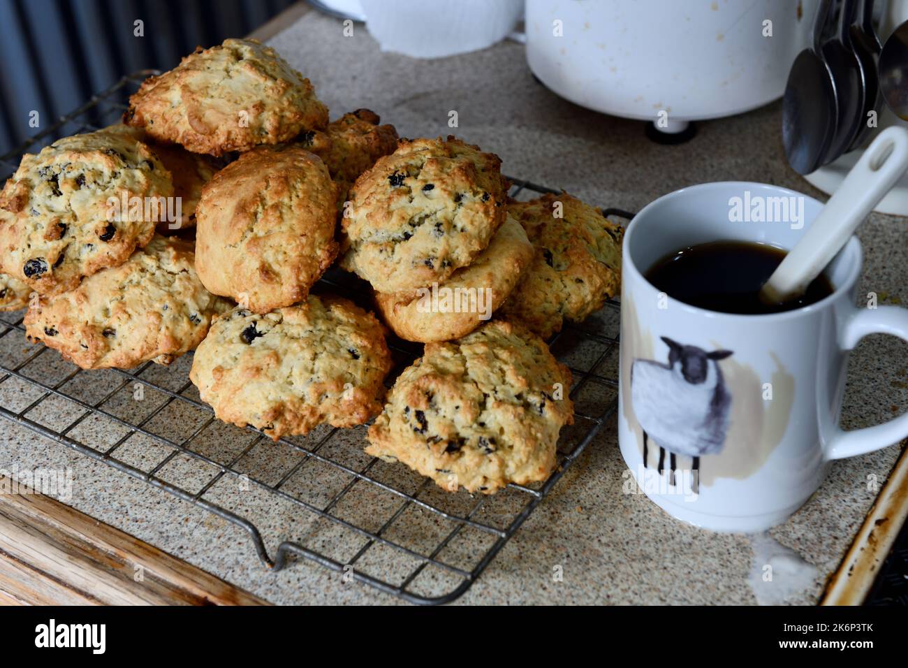 Rock cakes refroidissement sur le plateau en fil de cuisine Hook Norton Oxfordshire Angleterre royaume-uni Banque D'Images