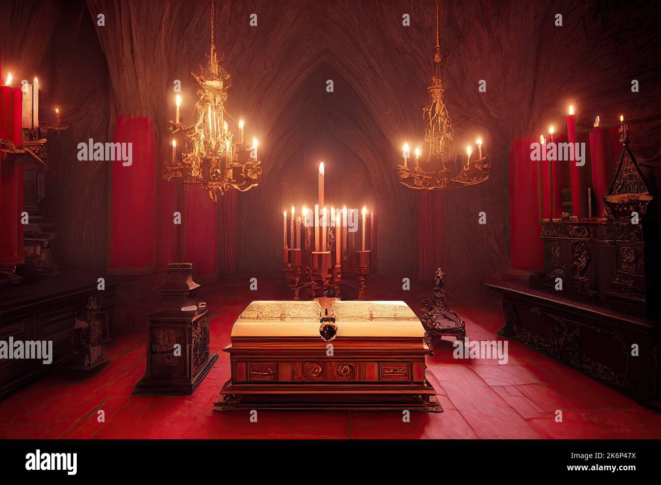 Un ancien château de Dracula, vampire Transylvanien, bordé de meubles et de cercueils victoriens, est illuminé par des chandeliers pour créer un sinistre Banque D'Images