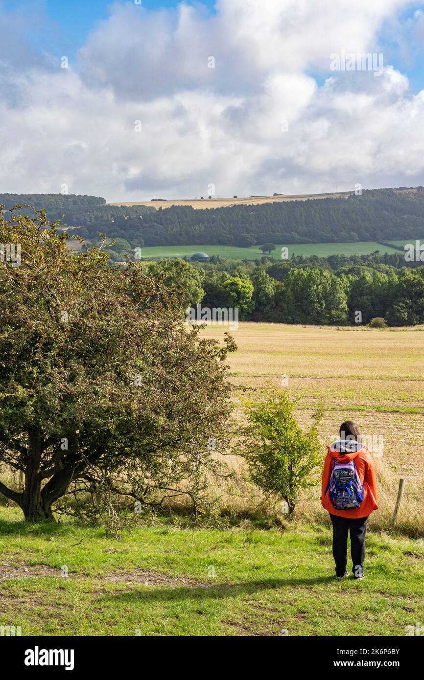 Fille en manteau orange avec sac à dos appréciant la vue dans le nord du yorkshire, Royaume-Uni Banque D'Images