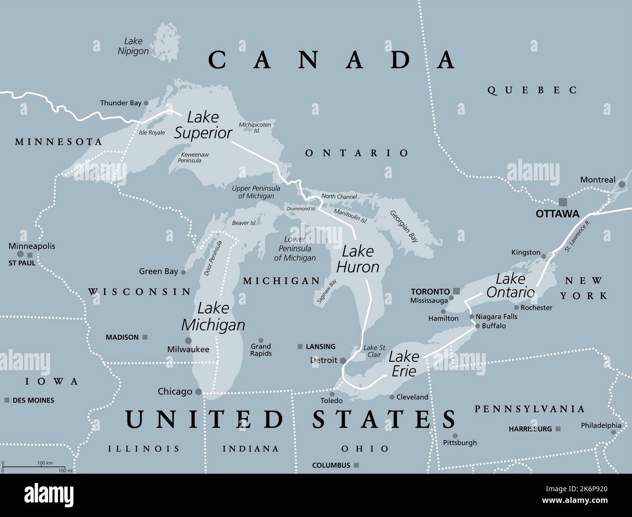 Grands lacs de l'Amérique du Nord, carte politique grise. Lacs supérieur, Michigan, Huron, Érié et Ontario. Série de grands lacs d'eau douce interconnectés. Banque D'Images