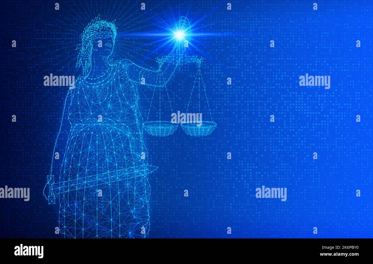 Droit de la cyberloi et de la technologie de l'information - Justice numérique Dame sur la technologie abstraite contexte - Illustration conceptuelle Banque D'Images