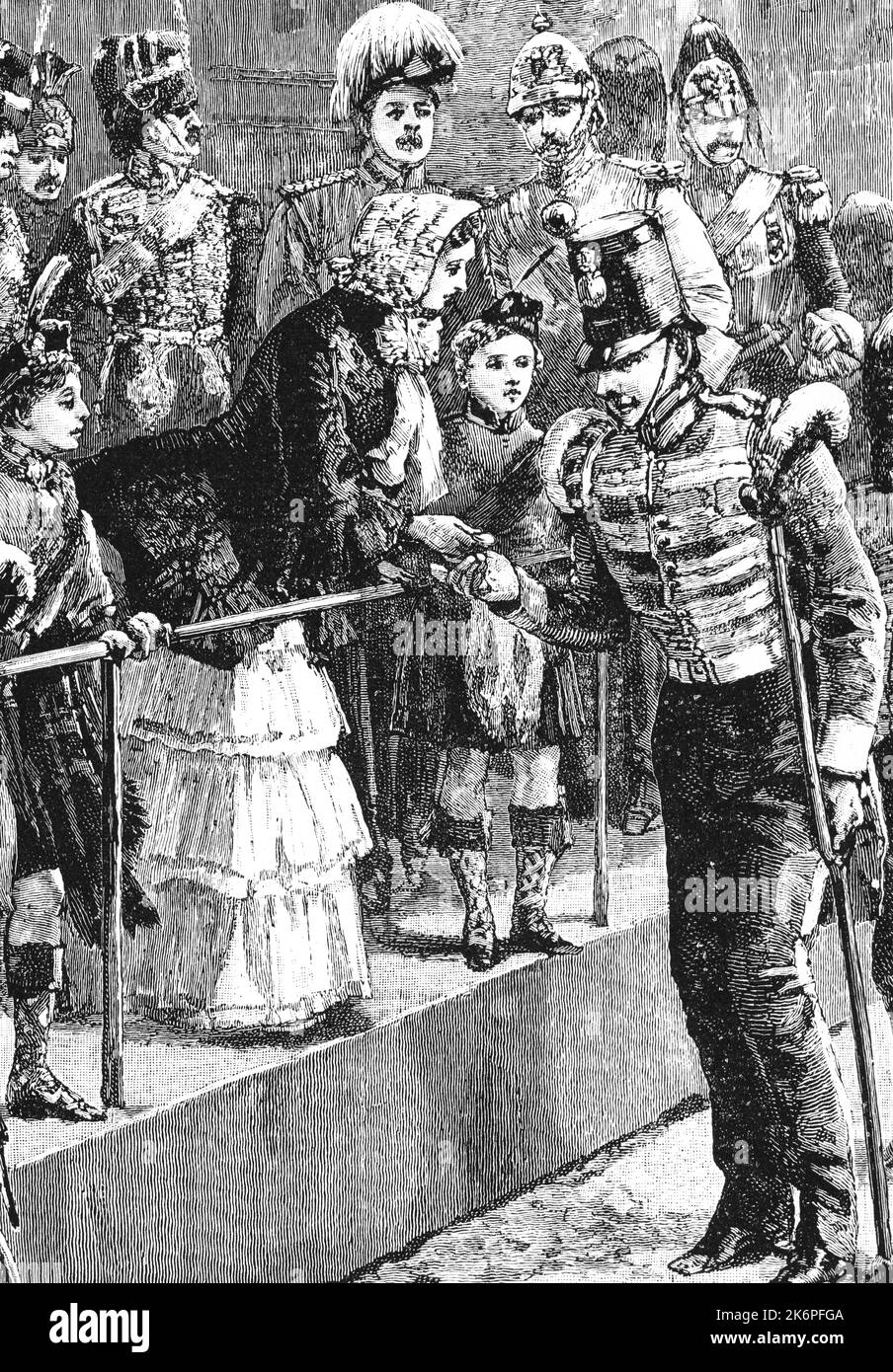 Queen Victoria (1819-1901), distribuant la Médaille de la Crimée, Horse Guards Parade, Londres, c1854. La guerre de Crimée a été menée d'octobre 1853 à février 1856. La Médaille de la Crimée était une médaille de campagne approuvée le 15 décembre 1854, pour remise aux officiers et aux hommes des unités britanniques (terre et marine) qui avaient combattu dans la guerre de Crimée de 1854-56 contre la Russie. Banque D'Images