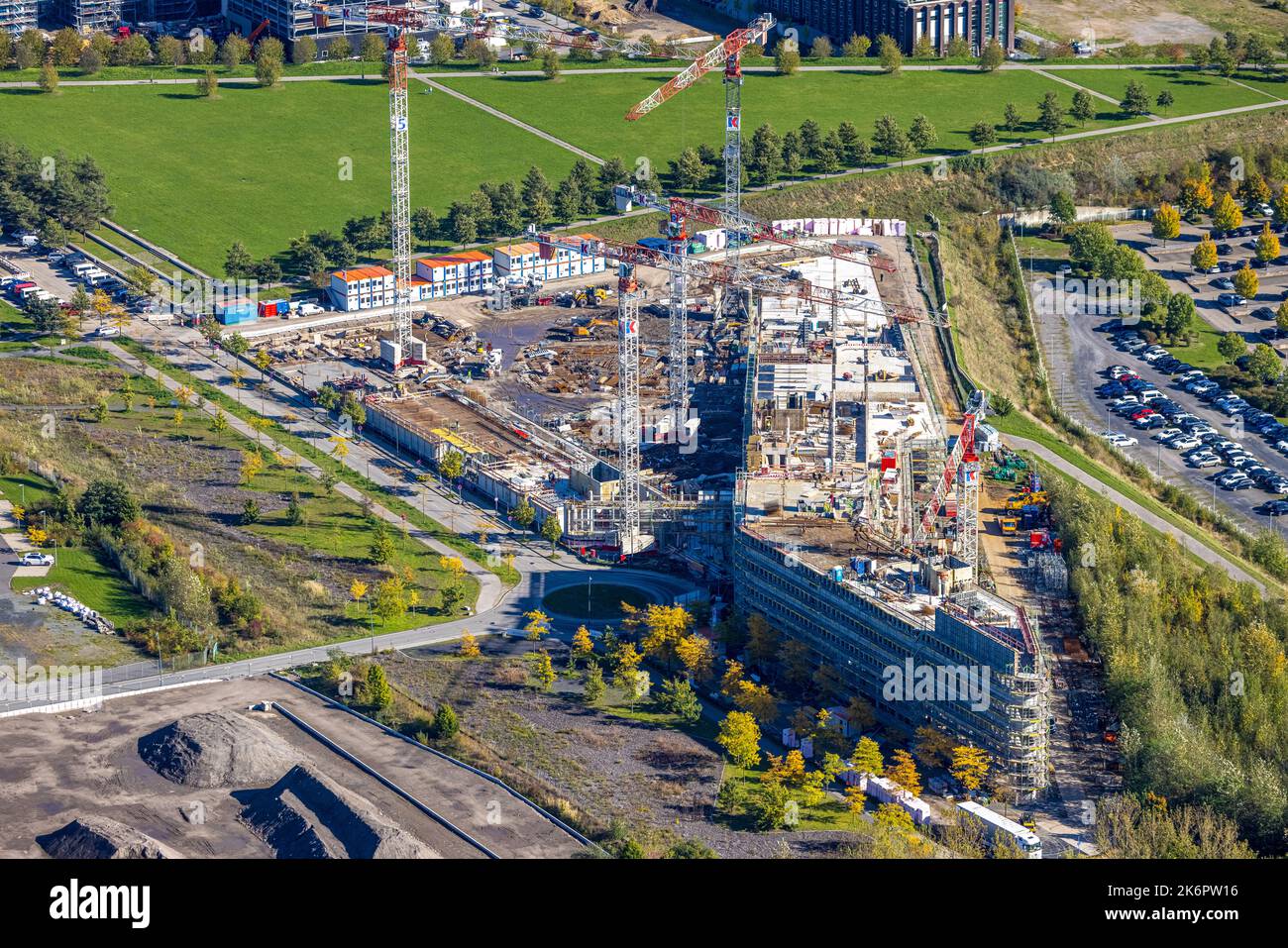 Vue aérienne, parc industriel Phoenix West, chantier et nouveau bâtiment au parc Phoenix à Robert-Schuman-Straße, Hörde, Dortmund, zone de Ruhr, non Banque D'Images