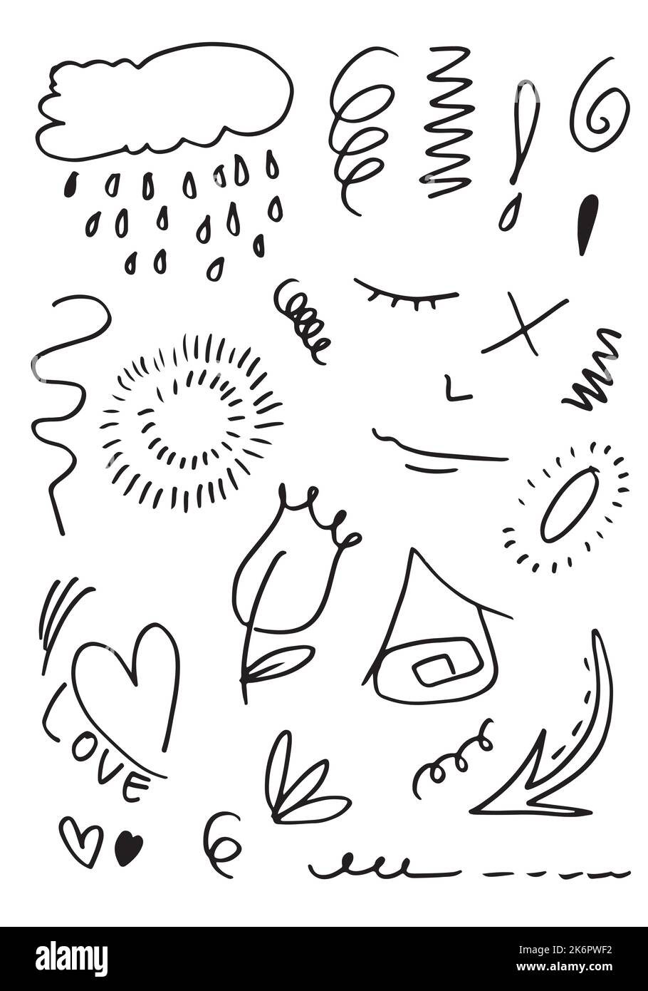 Éléments de jeu dessinés à la main, noir sur fond blanc. Flèche, coeur, amour, étoile, feuille, soleil, lumière, fleur, éperons, hirondelles, emphase, tourbillon, pour le concept Illustration de Vecteur