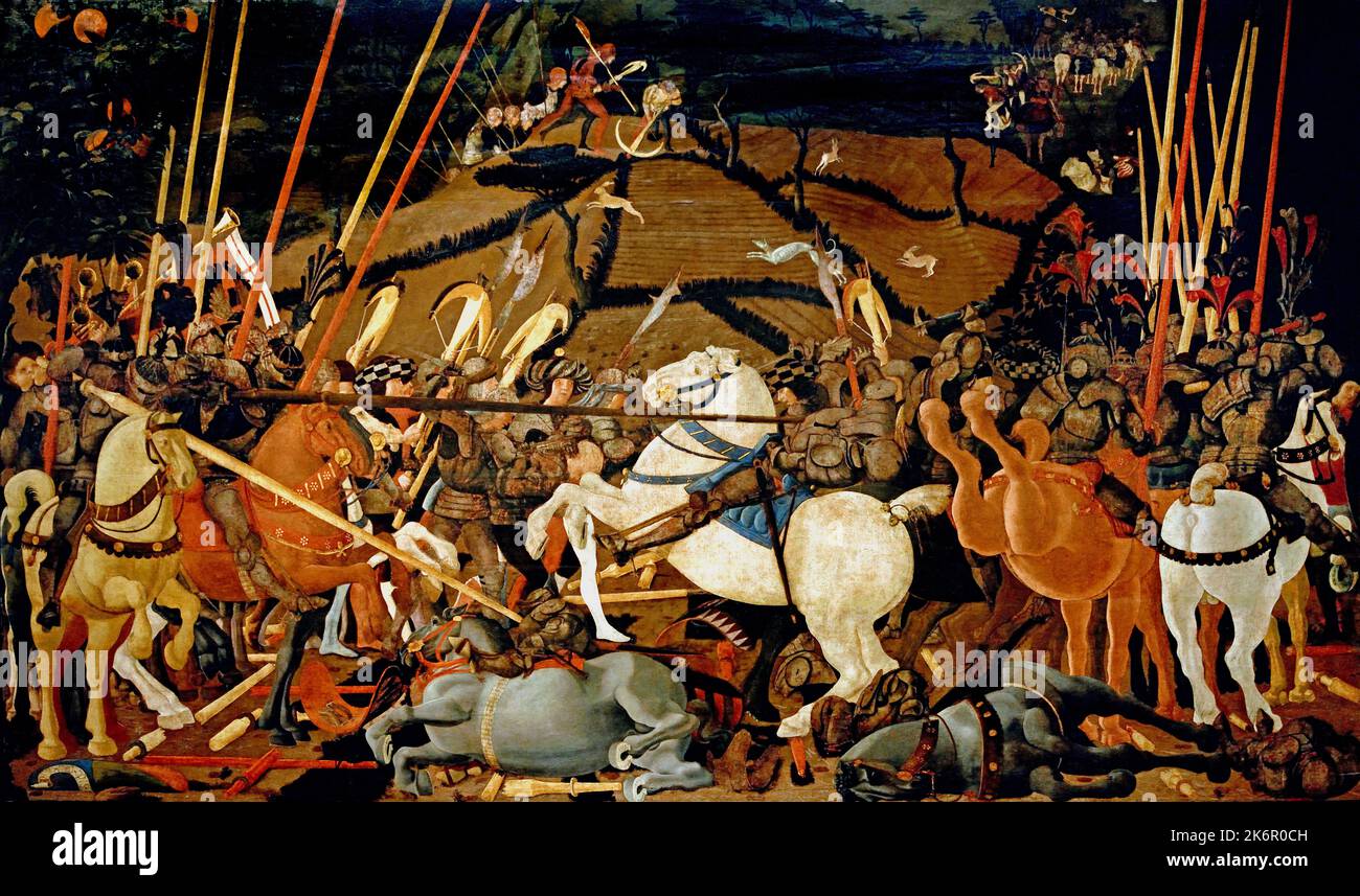 Bataille de San Romano, Paolo Uccello, (Pratovecchio, Arezzo 1397-1475) , Florence, Italie. La bataille de San Romano, a été menée sur 1 juin 1432, à environ 30 miles en dehors de Florence, entre les troupes de Florence, commandé par Niccolò da Tolentino, et Sienne, sous Francesco Piccinino. Le résultat est généralement considéré comme favorable, aux Florentins, mais dans les chroniques sienaises, il a été considéré comme une victoire. Banque D'Images