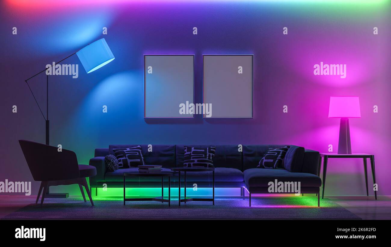 Éclairage multicolore dans le salon. 3D rendu Banque D'Images