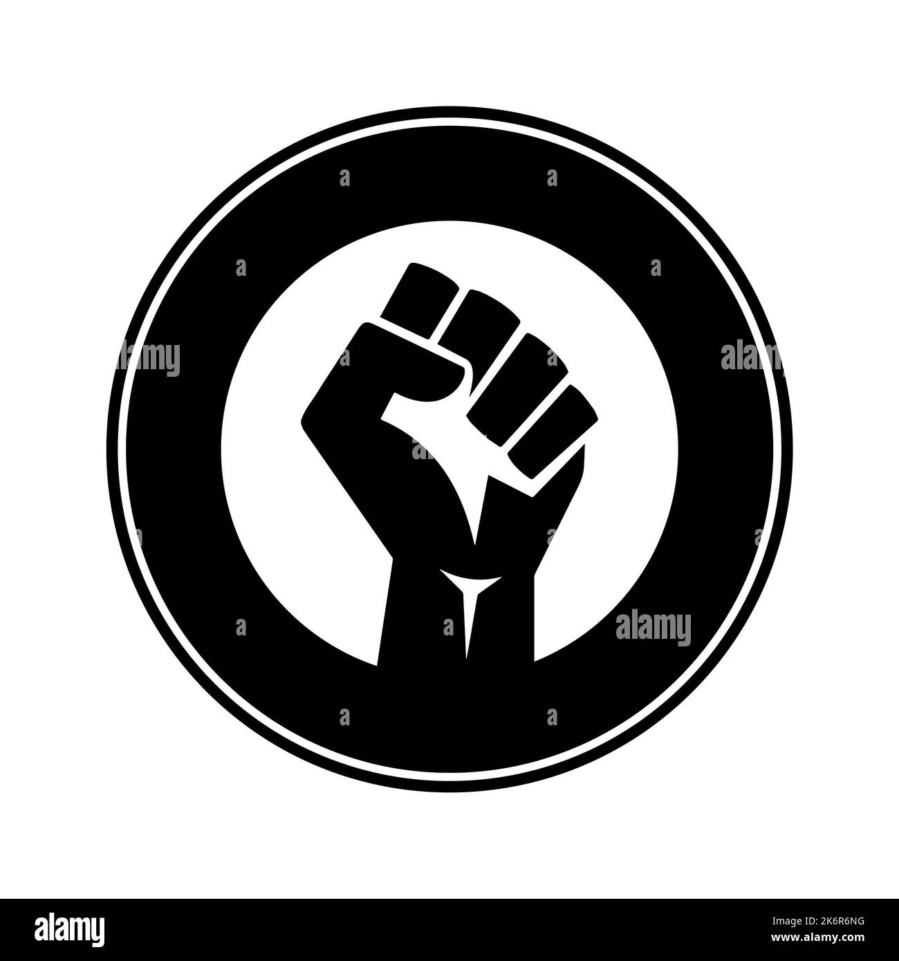 Poing humain noir dans un cercle noir sur fond blanc. Le pouvoir noir, la protestation contre le racisme, le mouvement pour l'égalité. Banque D'Images