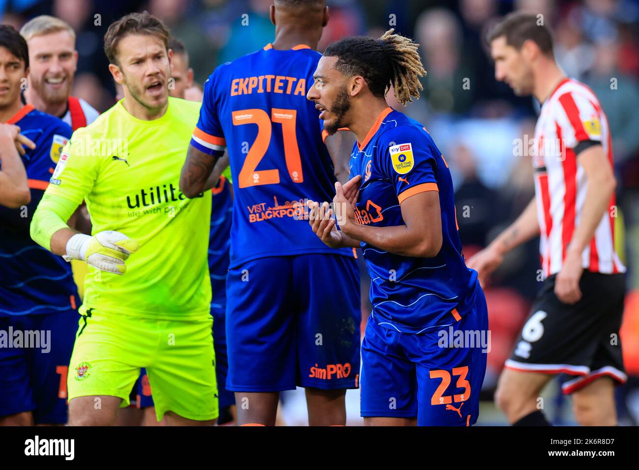 Dominic Thompson #23 de Blackpool réagit lors du match de championnat Sky Bet Sheffield United contre Blackpool à Bramall Lane, Sheffield, Royaume-Uni, 15th octobre 2022 (photo de Conor Molloy/News Images) Banque D'Images