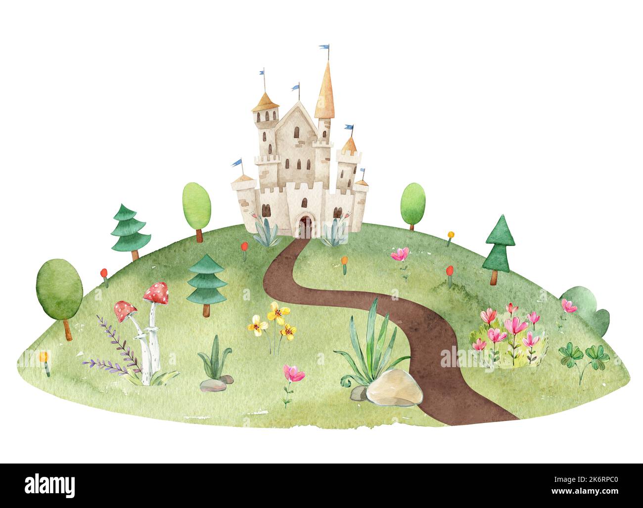 Aquarelle puérile illustration du paysage d'été prairie avec sentier de terre, château de fées, arbres, herbe verte, fleurs Banque D'Images