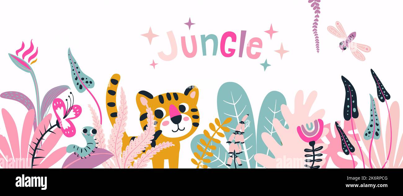 Bannière de style caricatulaire dans la jungle avec animaux sauvages de lion dans une couleur rose pastel. Feuilles, plantes et fleurs tropicales Illustration de Vecteur