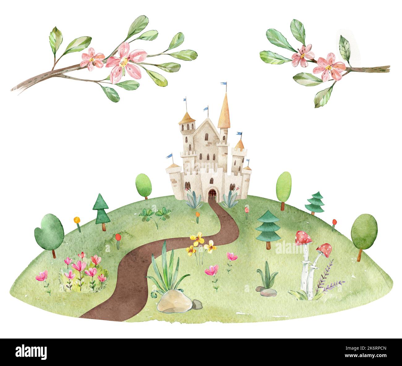 Aquarelle puérile illustration du paysage d'été prairie avec sentier de terre, château de fées, arbres, herbe verte, fleurs Banque D'Images