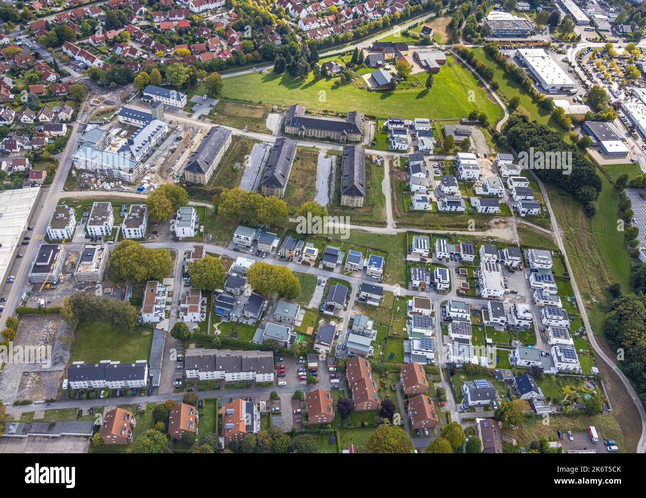 Vue aérienne, zone de construction du quartier Belgisches Viertel pour la nouvelle zone résidentielle, site de construction et reconception de Kazerne Adam Soest, Soest, Soester Banque D'Images