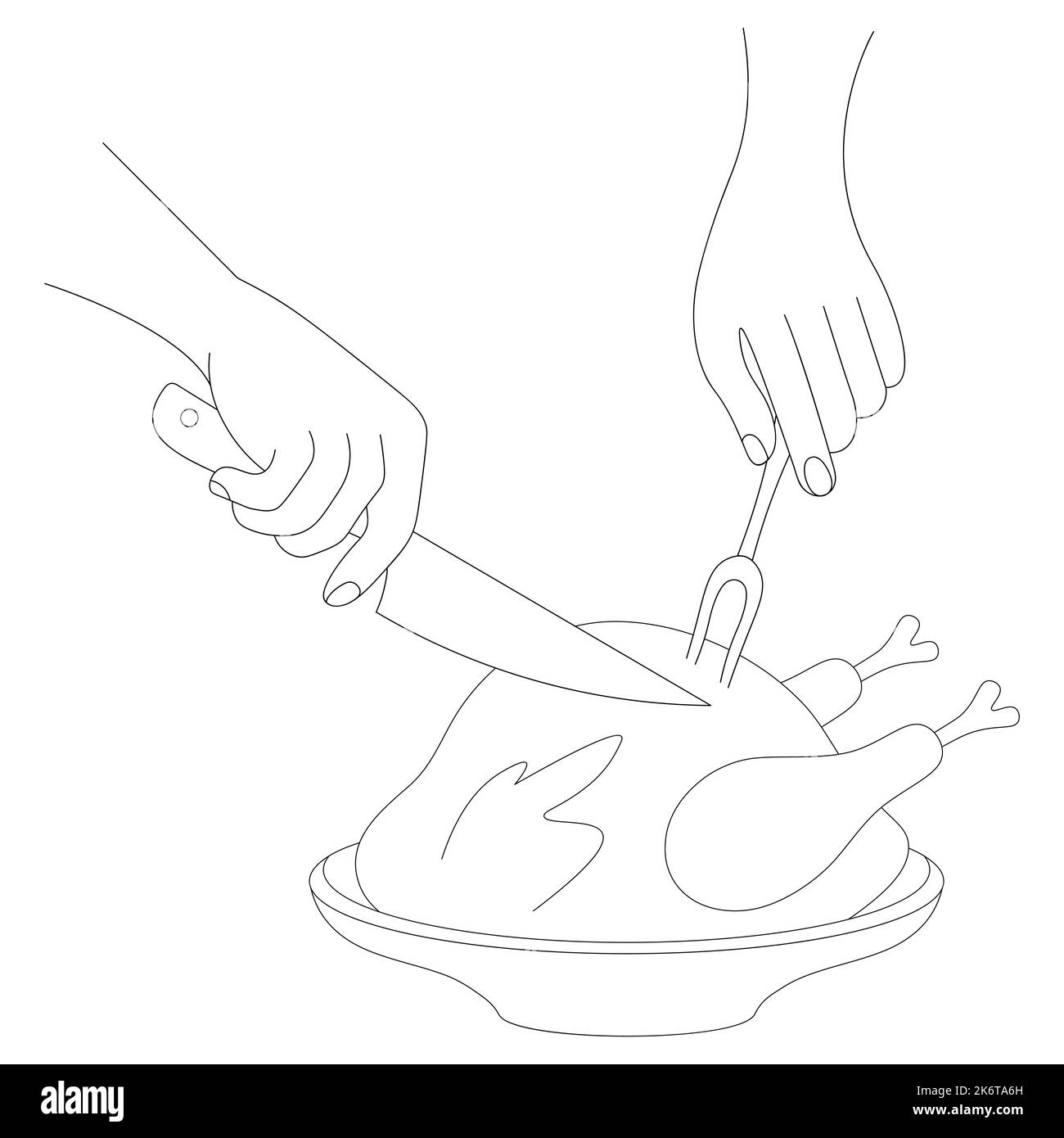 La personne coupe une dinde festive. Esquisse. Un couteau de cuisine dans une main, une fourchette de hachage dans l'autre. Illustration vectorielle. Poulet croustillant. Illustration de Vecteur