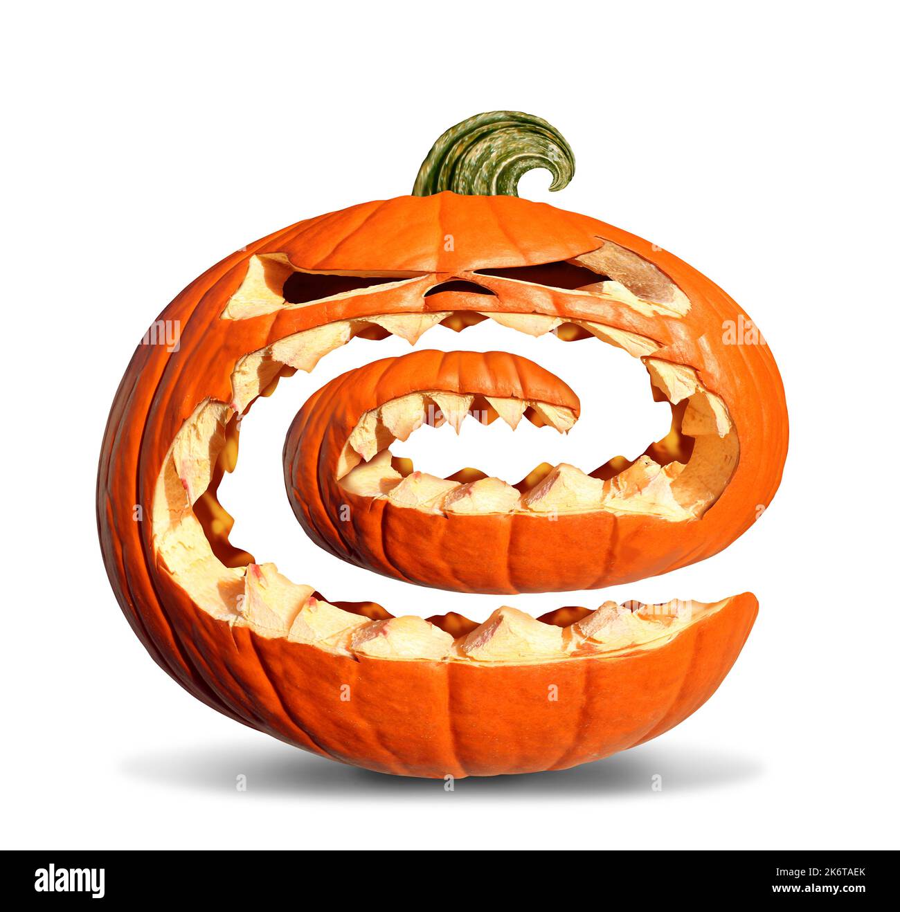 Jack-O-Lantern Pumpkin Swirl comme une citrouille tordue funky comme un personnage orange sinistre d'halloween avec des dents de jackolantern comme une publicité d'automne. Banque D'Images