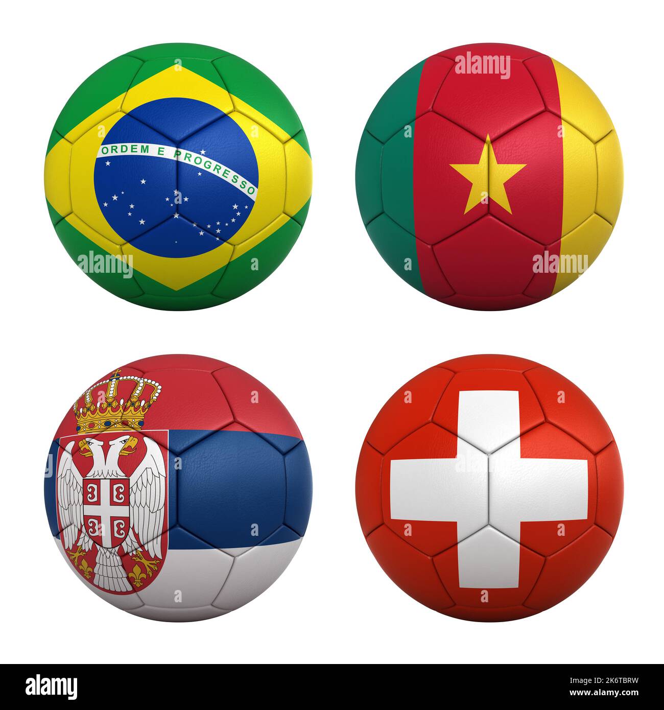 Ballons de football avec les drapeaux des équipes du Groupe G de la coupe du monde de la FIFA 2022 - Brésil, Cameroun, Serbie et Suisse Banque D'Images