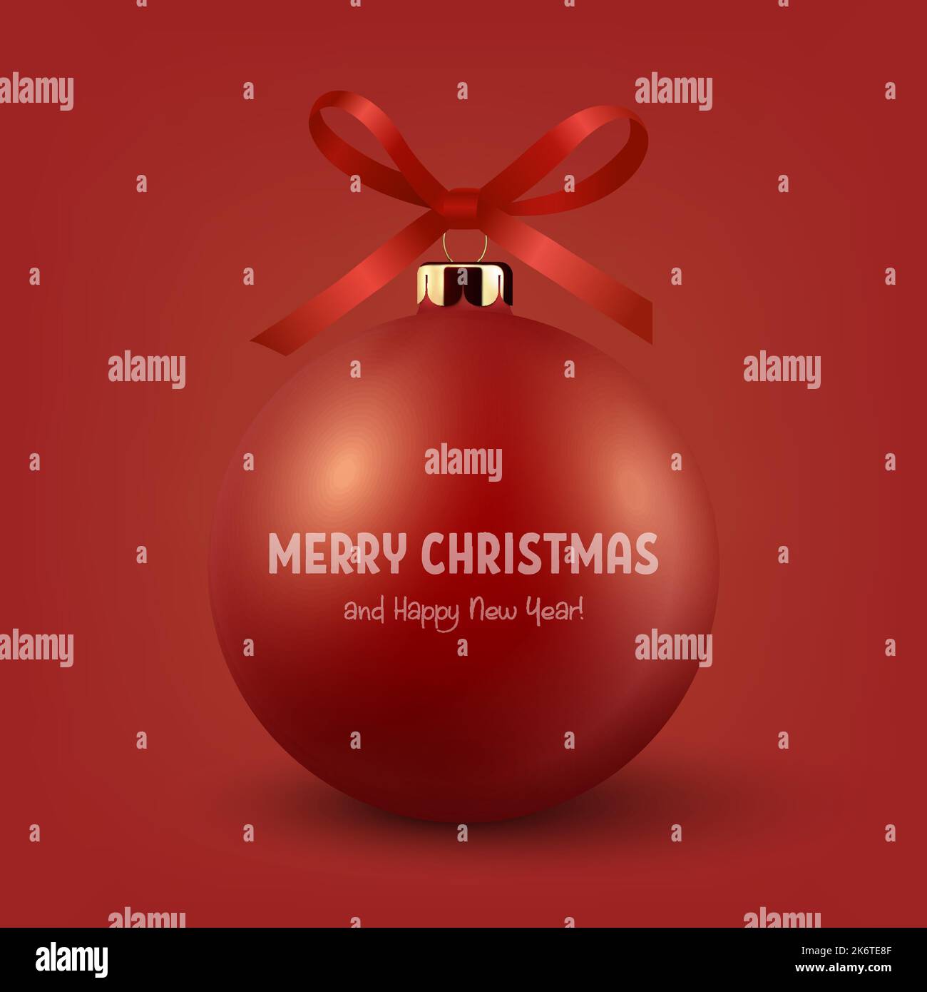 Vector Realistic 3D Rouge boule de Noël en verre avec noeud en soie rouge gros plan isolé sur rouge. Modèle de Noël et boule de Noël décorative pour sapin du nouvel an Illustration de Vecteur